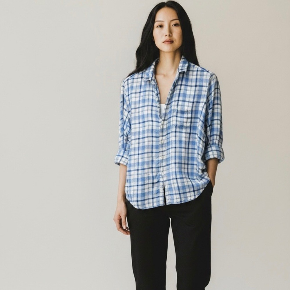 Frank & Eileen Eileen Blue White Plaid Modal Button Up Shirt Italian Fabric Sm